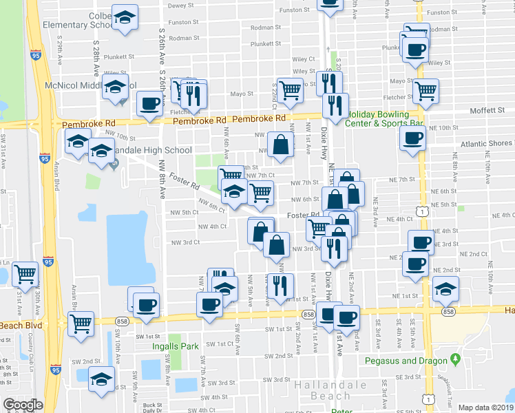 map of restaurants, bars, coffee shops, grocery stores, and more near 604 Northwest 4th Avenue in Hallandale Beach