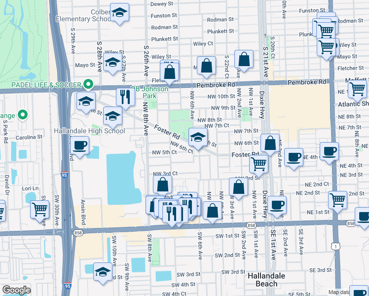 map of restaurants, bars, coffee shops, grocery stores, and more near in Hallandale Beach