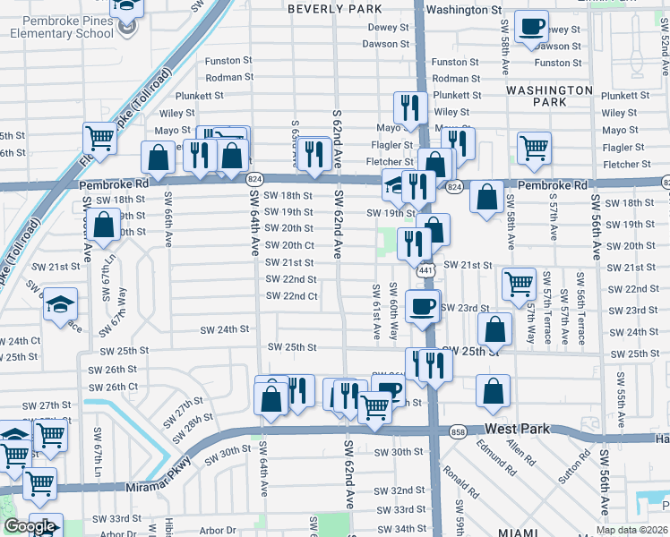 map of restaurants, bars, coffee shops, grocery stores, and more near 6165 Southwest 21st Street in Miramar