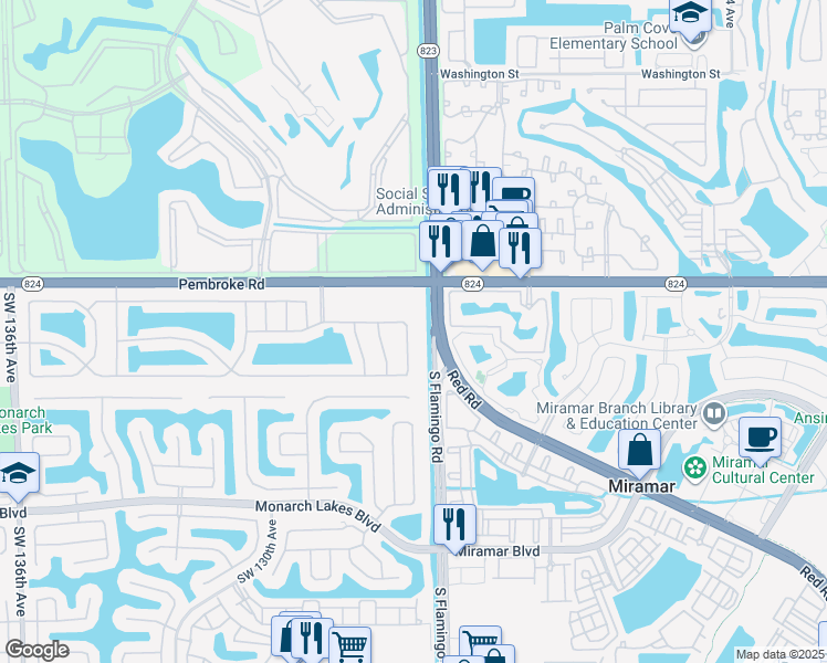 map of restaurants, bars, coffee shops, grocery stores, and more near 12421 Southwest 18th Street in Miramar