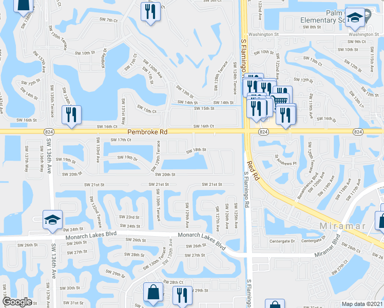 map of restaurants, bars, coffee shops, grocery stores, and more near 12701 Southwest 18th Street in Miramar