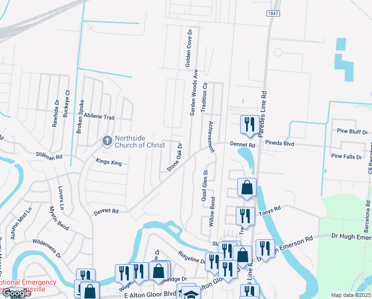 map of restaurants, bars, coffee shops, grocery stores, and more near 6625 Garden Woods Avenue in Brownsville