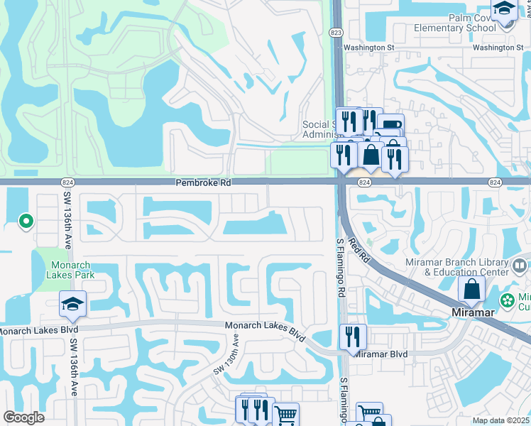 map of restaurants, bars, coffee shops, grocery stores, and more near 12701 Southwest 18th Street in Miramar