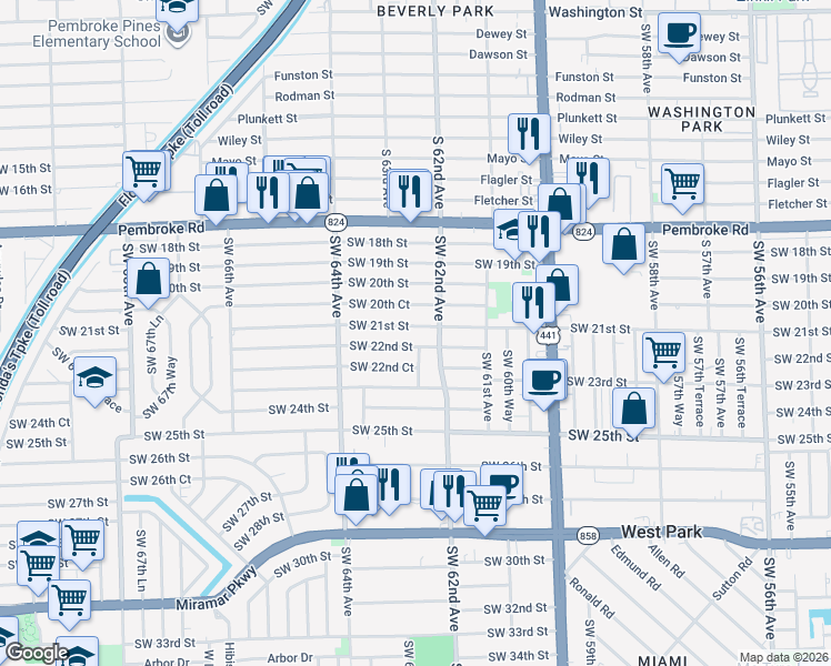 map of restaurants, bars, coffee shops, grocery stores, and more near 6225 Southwest 21st Street in Miramar