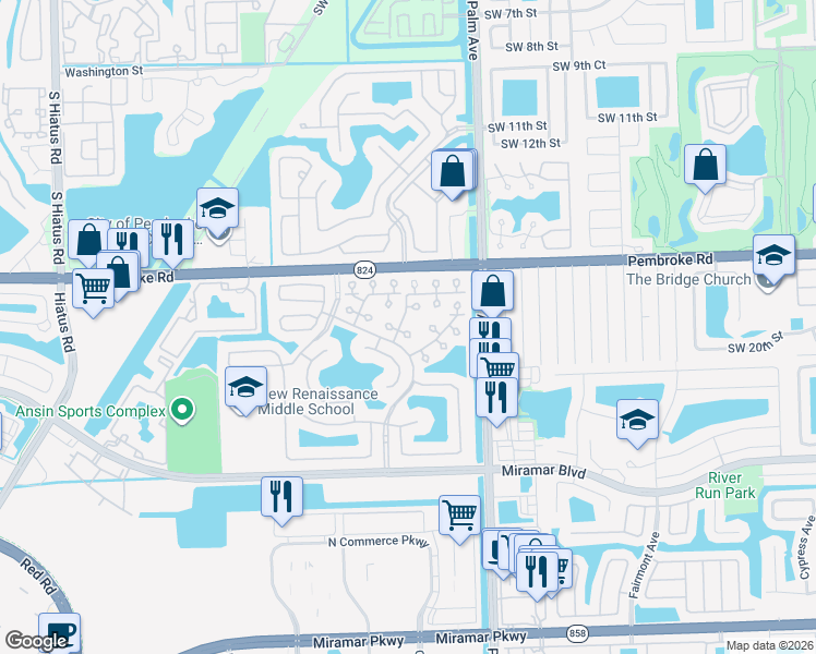 map of restaurants, bars, coffee shops, grocery stores, and more near 10215 Southwest 18th Court in Miramar