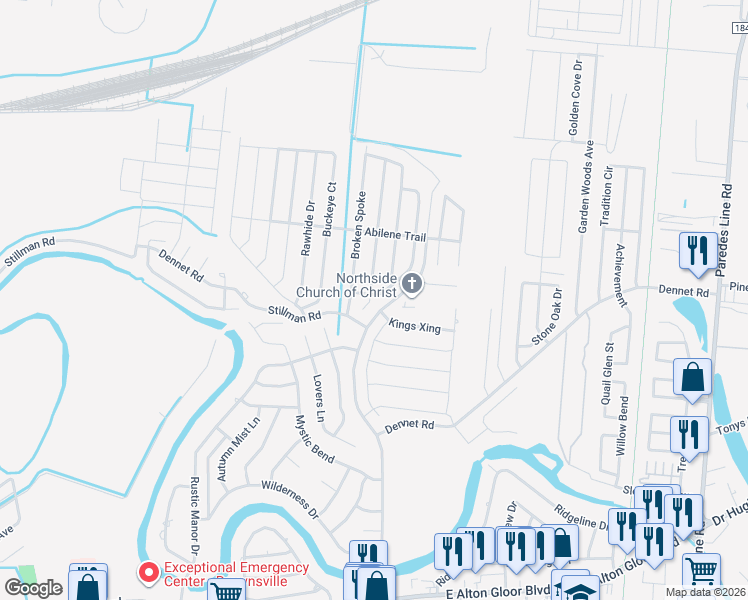 map of restaurants, bars, coffee shops, grocery stores, and more near 5801 Hitching Post Drive in Brownsville