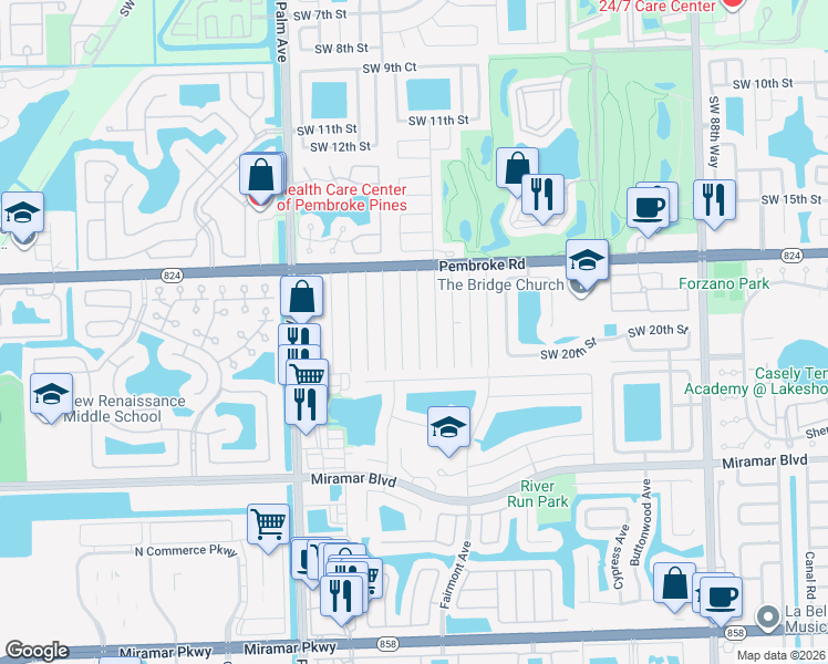 map of restaurants, bars, coffee shops, grocery stores, and more near 1821 Southwest 97th Terrace in Miramar