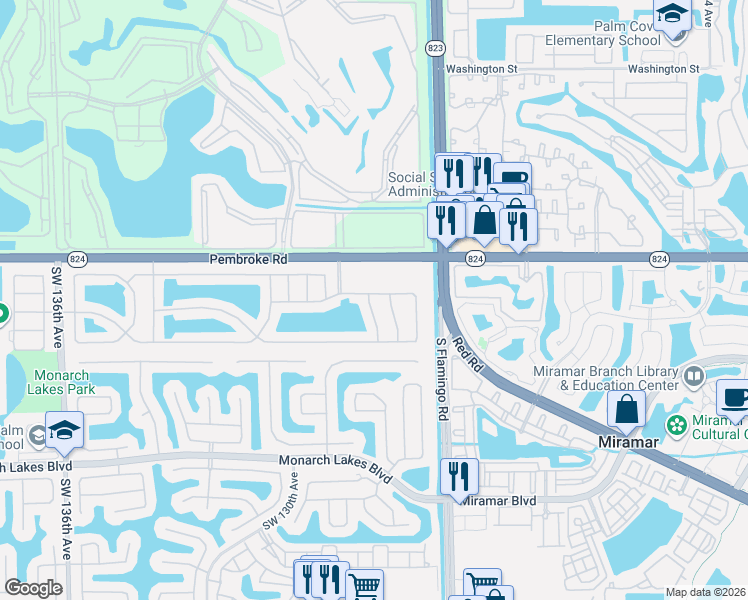 map of restaurants, bars, coffee shops, grocery stores, and more near 12521 Southwest 18th Street in Miramar
