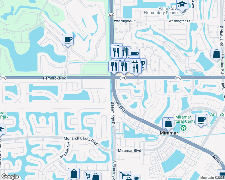 map of restaurants, bars, coffee shops, grocery stores, and more near Red Rd & S Flamingo Rd in Miramar