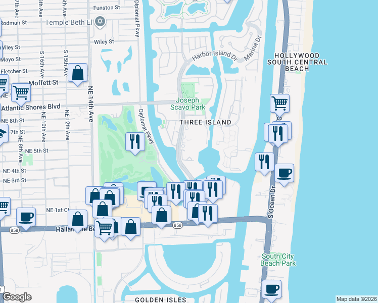 map of restaurants, bars, coffee shops, grocery stores, and more near 500 Three Islands Boulevard in Hallandale Beach
