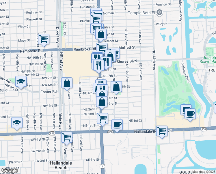 map of restaurants, bars, coffee shops, grocery stores, and more near 610 Northeast 6th Street in Hallandale Beach