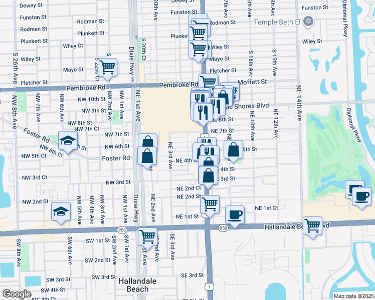 map of restaurants, bars, coffee shops, grocery stores, and more near 502 Northeast 6th Street in Hallandale Beach