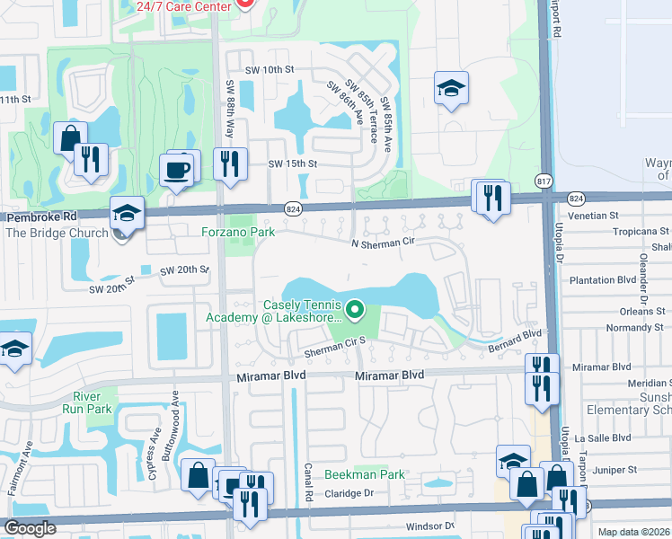 map of restaurants, bars, coffee shops, grocery stores, and more near 8540 Sherman Circle North in Miramar