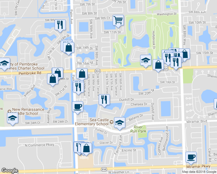 map of restaurants, bars, coffee shops, grocery stores, and more near 1821 Southwest 97th Terrace in Miramar