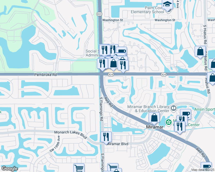 map of restaurants, bars, coffee shops, grocery stores, and more near 12148 St.Andrews Place in Miramar