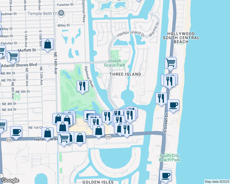 map of restaurants, bars, coffee shops, grocery stores, and more near 500 Three Islands Boulevard in Hallandale Beach