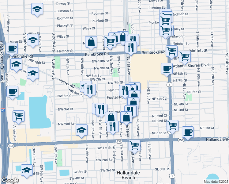 map of restaurants, bars, coffee shops, grocery stores, and more near 601 Northwest 2nd Avenue in Hallandale Beach