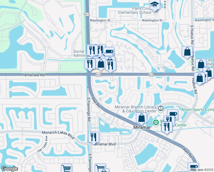 map of restaurants, bars, coffee shops, grocery stores, and more near 12148 St.Andrews Place in Miramar