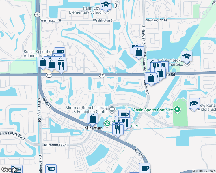 map of restaurants, bars, coffee shops, grocery stores, and more near 1871 Southwest 116th Way in Miramar