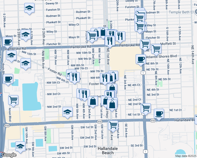 map of restaurants, bars, coffee shops, grocery stores, and more near 605 Northwest 1st Avenue in Hallandale Beach