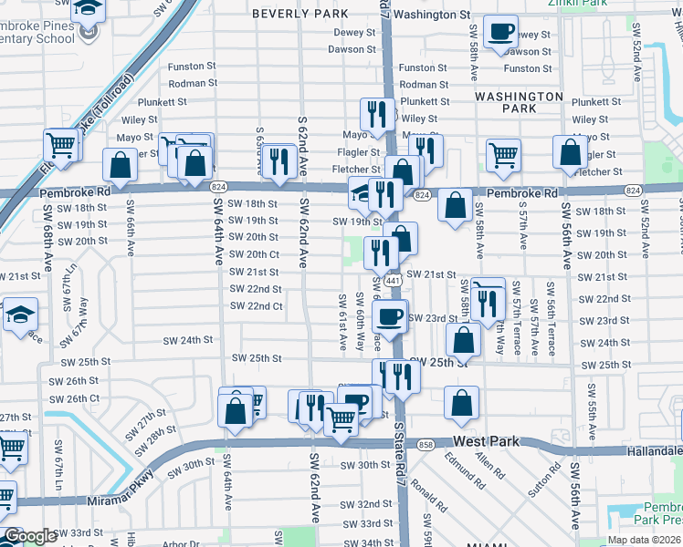 map of restaurants, bars, coffee shops, grocery stores, and more near 6101 Southwest 21st Street in Miramar