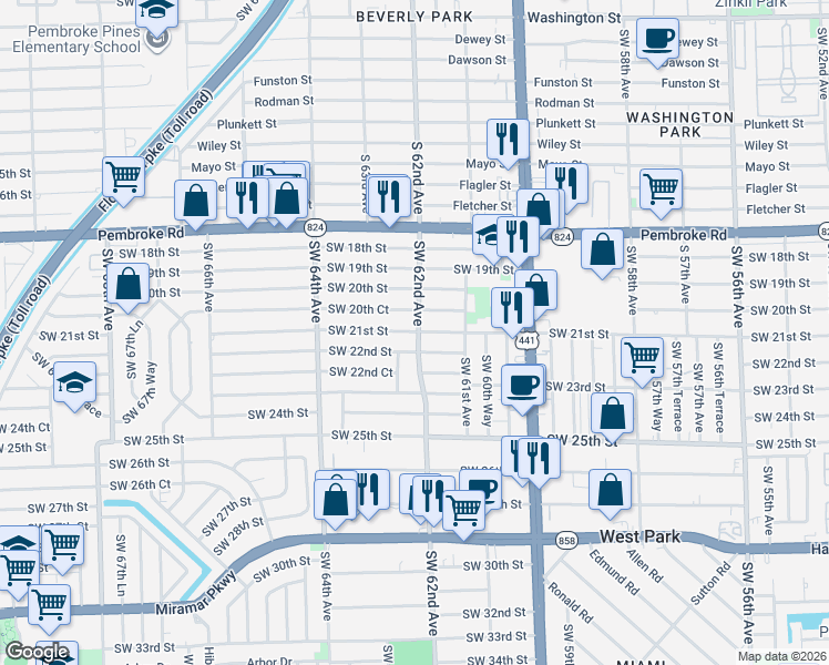 map of restaurants, bars, coffee shops, grocery stores, and more near 6165 Southwest 21st Street in Miramar