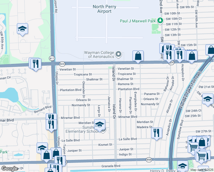 map of restaurants, bars, coffee shops, grocery stores, and more near 7741 Ramona Street in Miramar