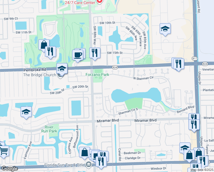 map of restaurants, bars, coffee shops, grocery stores, and more near 8730 Sherman Circle North in Miramar