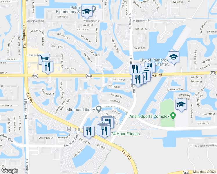 map of restaurants, bars, coffee shops, grocery stores, and more near 2850 Southwest 112th Terrace in Miramar