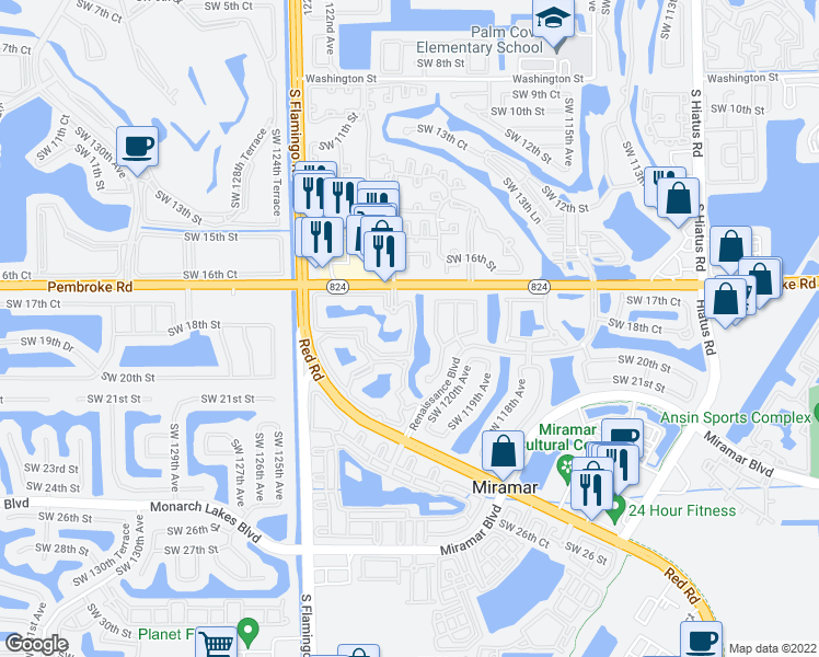 map of restaurants, bars, coffee shops, grocery stores, and more near 12112 St.Andrews Place in Miramar