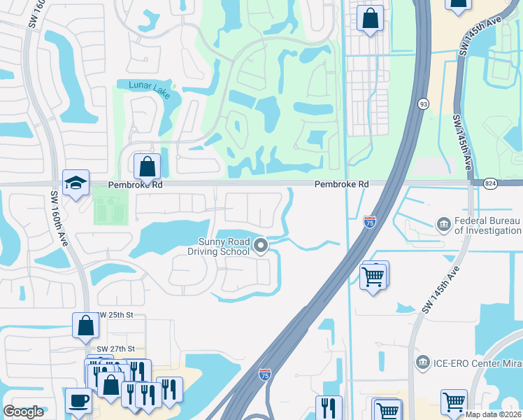 map of restaurants, bars, coffee shops, grocery stores, and more near 1843 Southwest 149th Avenue in Miramar