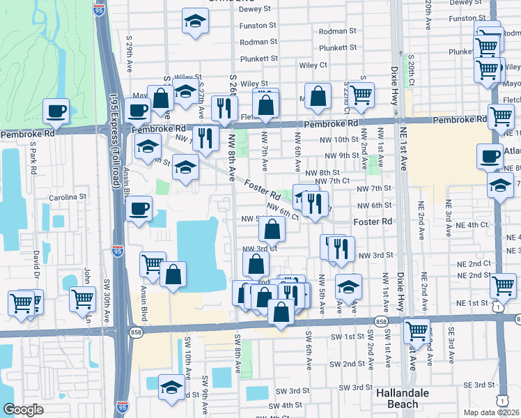 map of restaurants, bars, coffee shops, grocery stores, and more near 609 Northwest 7th Avenue in Hallandale Beach