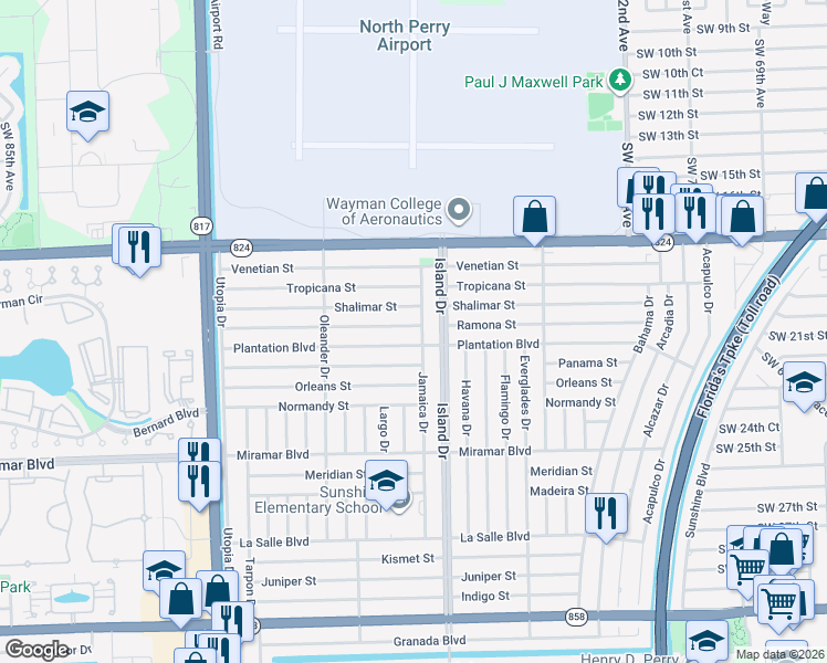 map of restaurants, bars, coffee shops, grocery stores, and more near 7741 Ramona Street in Miramar