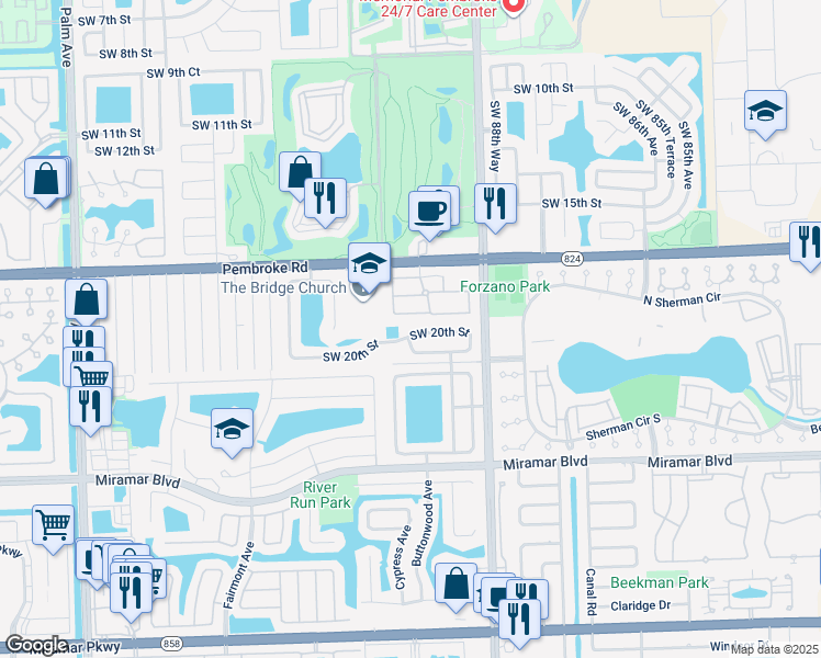 map of restaurants, bars, coffee shops, grocery stores, and more near 9066 Southwest 19th Street in Miramar