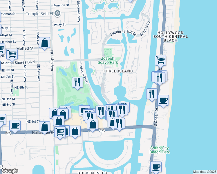 map of restaurants, bars, coffee shops, grocery stores, and more near 500 Three Islands Boulevard in Hallandale Beach