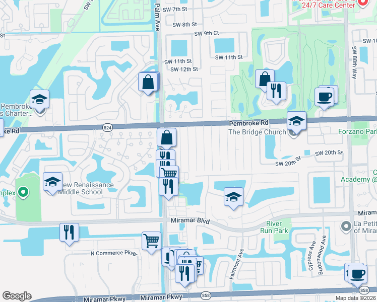 map of restaurants, bars, coffee shops, grocery stores, and more near 1814 Southwest 99th Terrace in Miramar
