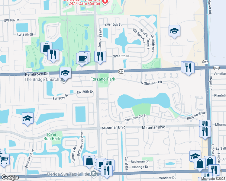 map of restaurants, bars, coffee shops, grocery stores, and more near 8730 Sherman Circle North in Miramar