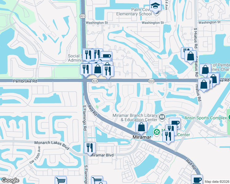 map of restaurants, bars, coffee shops, grocery stores, and more near 12112 St.Andrews Place in Miramar