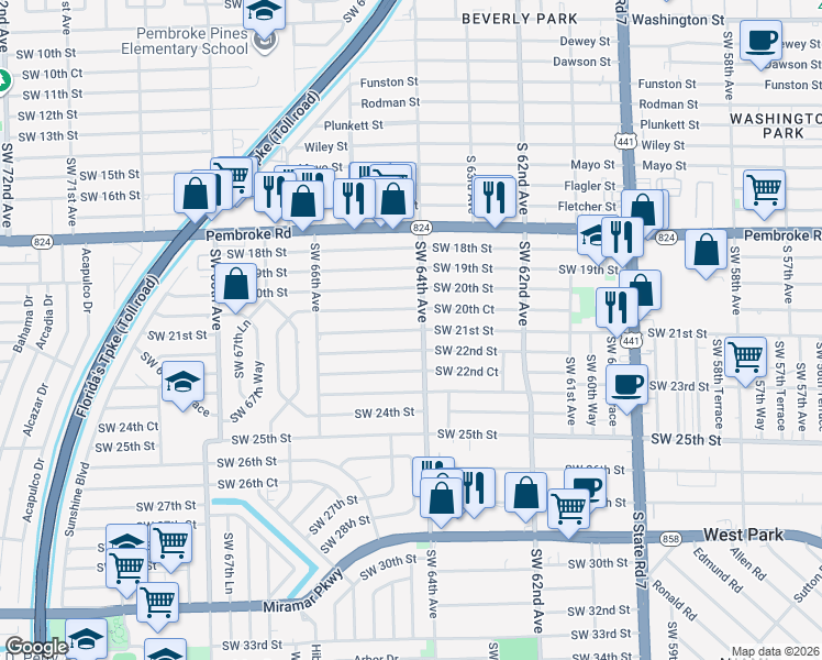 map of restaurants, bars, coffee shops, grocery stores, and more near 6405 Southwest 21st Street in Miramar