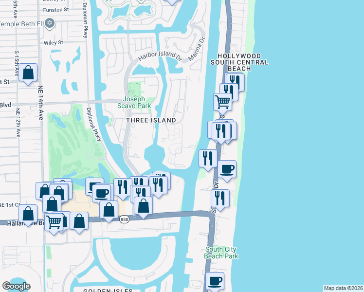 map of restaurants, bars, coffee shops, grocery stores, and more near 517 Leslie Drive in Hallandale Beach