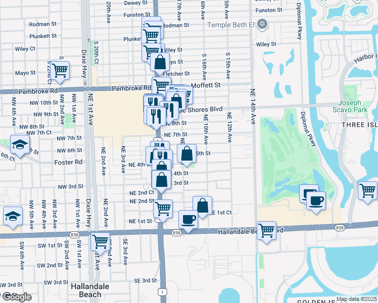 map of restaurants, bars, coffee shops, grocery stores, and more near 801 Northeast 5th Street in Hallandale Beach