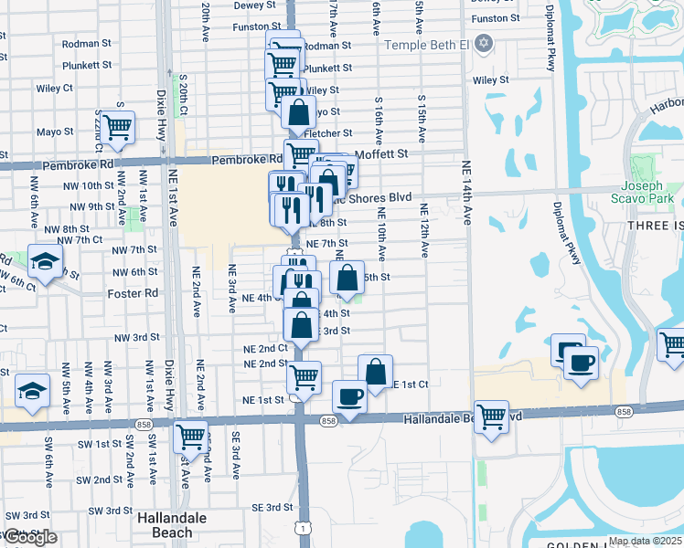 map of restaurants, bars, coffee shops, grocery stores, and more near 801 Northeast 5th Street in Hallandale Beach