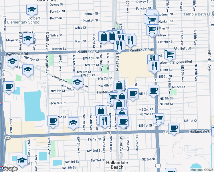 map of restaurants, bars, coffee shops, grocery stores, and more near 605 Northwest 1st Avenue in Hallandale Beach