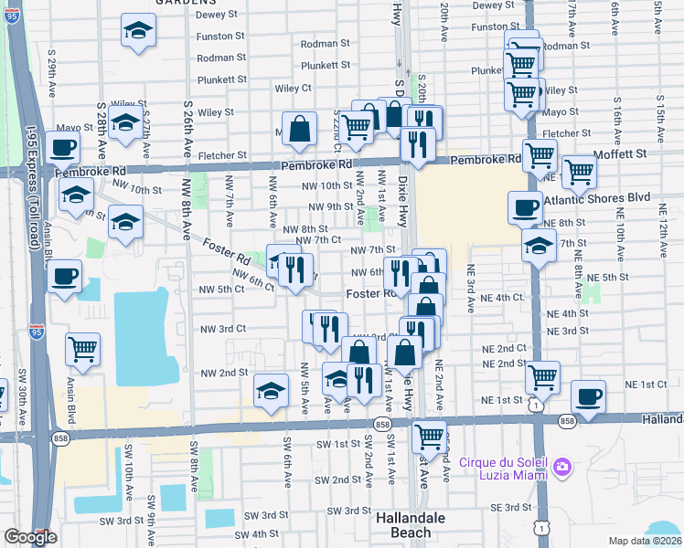 map of restaurants, bars, coffee shops, grocery stores, and more near 601 Northwest 2nd Avenue in Hallandale Beach