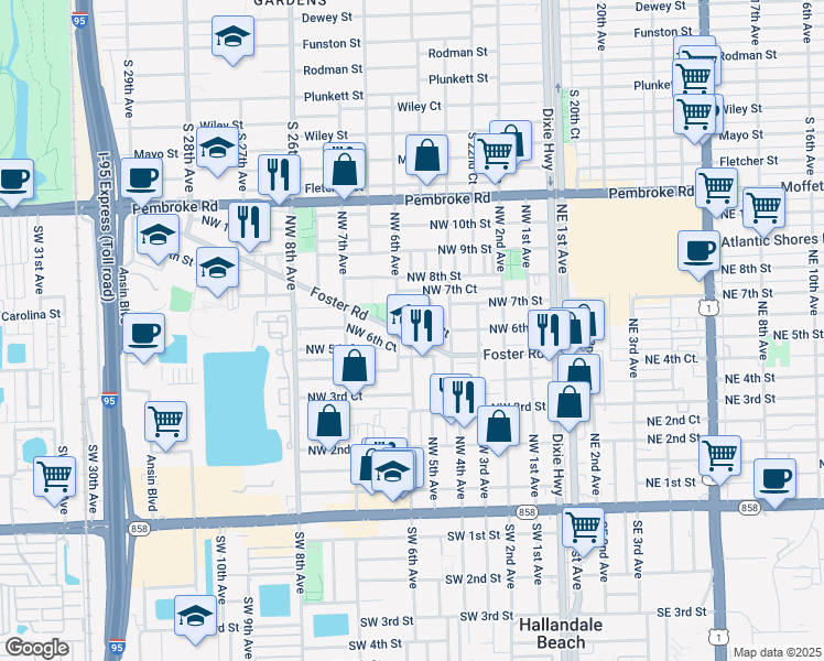 map of restaurants, bars, coffee shops, grocery stores, and more near 517 Northwest 6th Street in Hallandale Beach