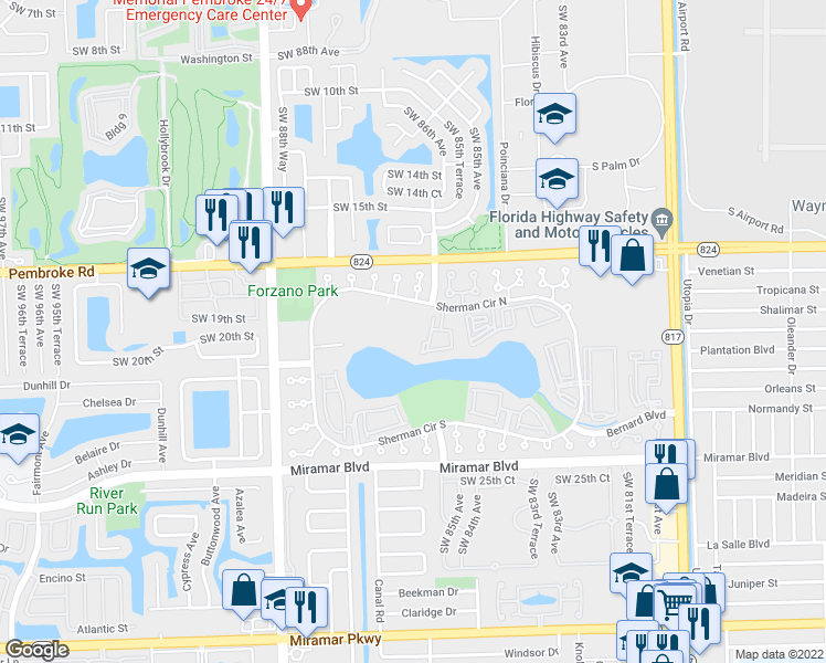 map of restaurants, bars, coffee shops, grocery stores, and more near 8540 Sherman Circle North in Miramar