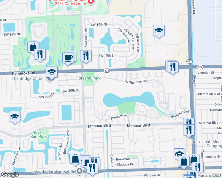 map of restaurants, bars, coffee shops, grocery stores, and more near 8560 Sherman Circle North in Miramar