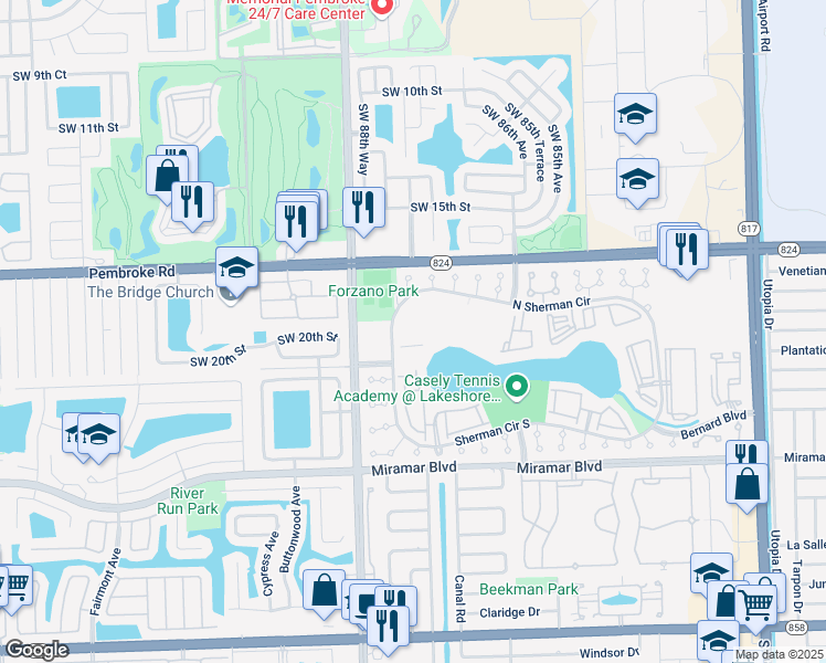 map of restaurants, bars, coffee shops, grocery stores, and more near 8730 Sherman Circle North in Miramar