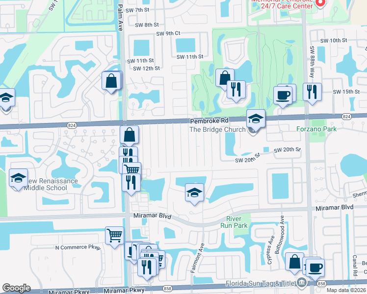 map of restaurants, bars, coffee shops, grocery stores, and more near 1821 Southwest 97th Terrace in Miramar