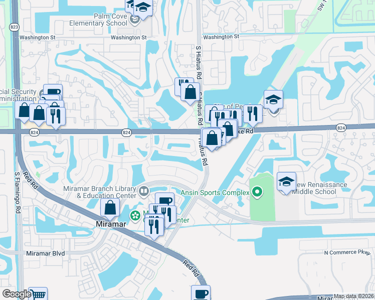 map of restaurants, bars, coffee shops, grocery stores, and more near 1810 Southwest 112th Terrace in Miramar